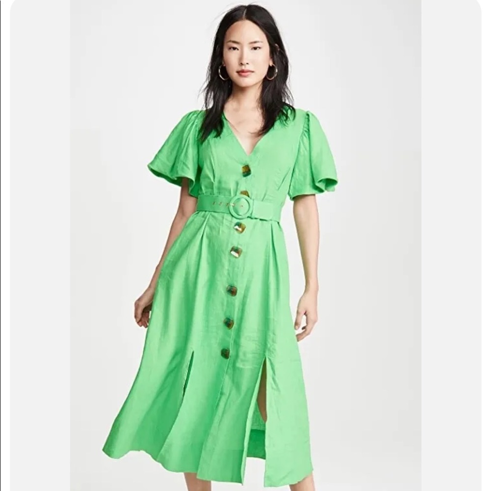 NICHOLAS Troy Dress Green Linen Midi Button Front Puff Sleeves US 4 Small